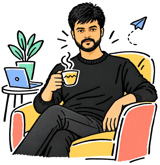A doodle of Keshav Musunuri in a black sweater, relaxing in an armchair with a cup of chai, a laptop and a plant beside him