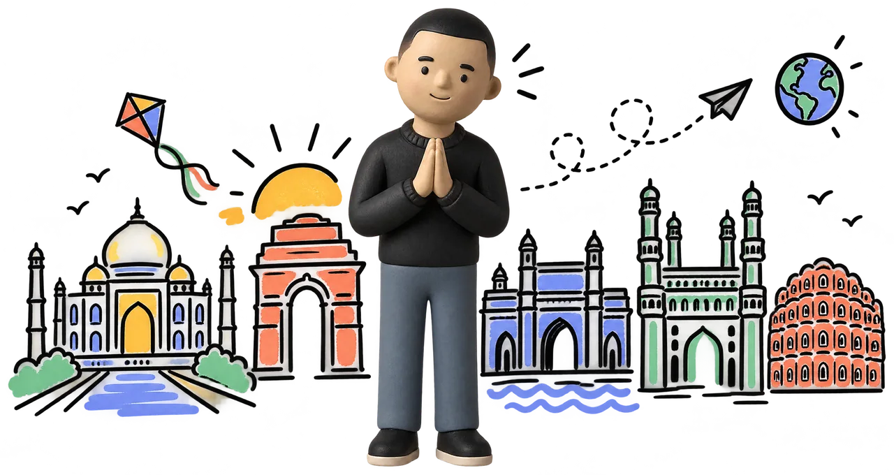 Bash, the Vestra Chief, a small ceramic figure in a black sweater, greets you with folded hands in front of hand-drawn doodles of the Taj Mahal, India Gate, the Gateway of India, the Charminar and the Hawa Mahal, with a paper plane flying off to a globe