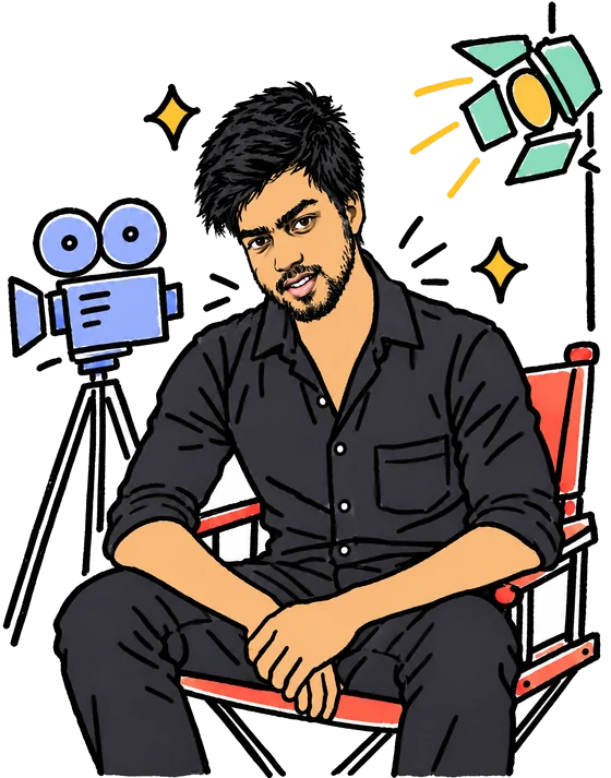 A doodle of Adarsh in a dark shirt, sitting in a director’s chair beside a film camera and a spotlight