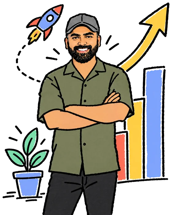 A doodle of Ankur in a grey cap and an olive shirt, arms crossed, beside a bar chart with an arrow going up, a rocket and a plant