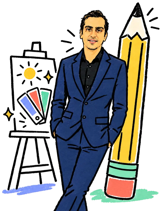 A doodle of Aryan in a navy suit, leaning on a giant pencil beside an easel with a sketch and colour swatches