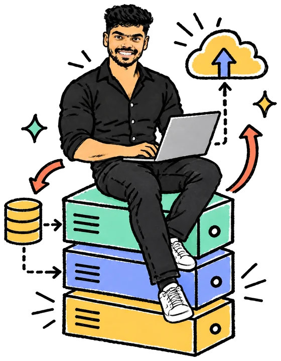 A doodle of Nishanth in a black shirt, sitting on a system diagram of blocks, a database and a cloud joined by arrows, with a laptop on his knee