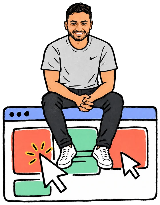 A doodle of Saket in a plain light grey Nike t-shirt, sitting on top of a giant app window with big cursors pointing at its cards