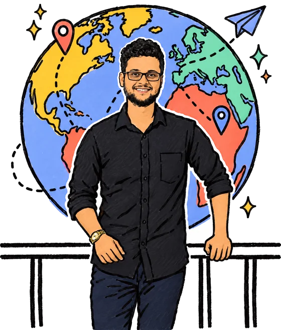 A doodle of Shubham in glasses and a black shirt, leaning on a railing in front of a globe with map pins and routes
