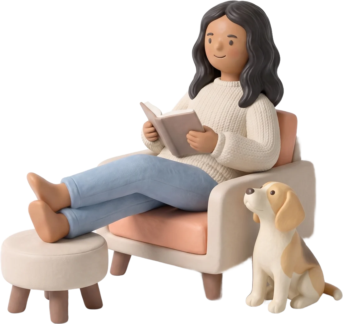 Maya reading in her armchair with her feet up, her beagle beside her