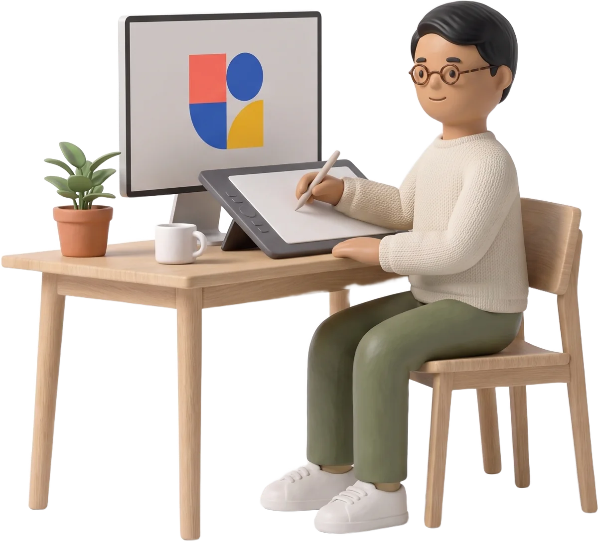 Theo at his desk, drawing a logo on a pen tablet